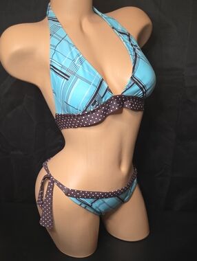 Hobie Turquoise Plaid Halter Bikini with Brown Polka Dot Trim - Women Swim